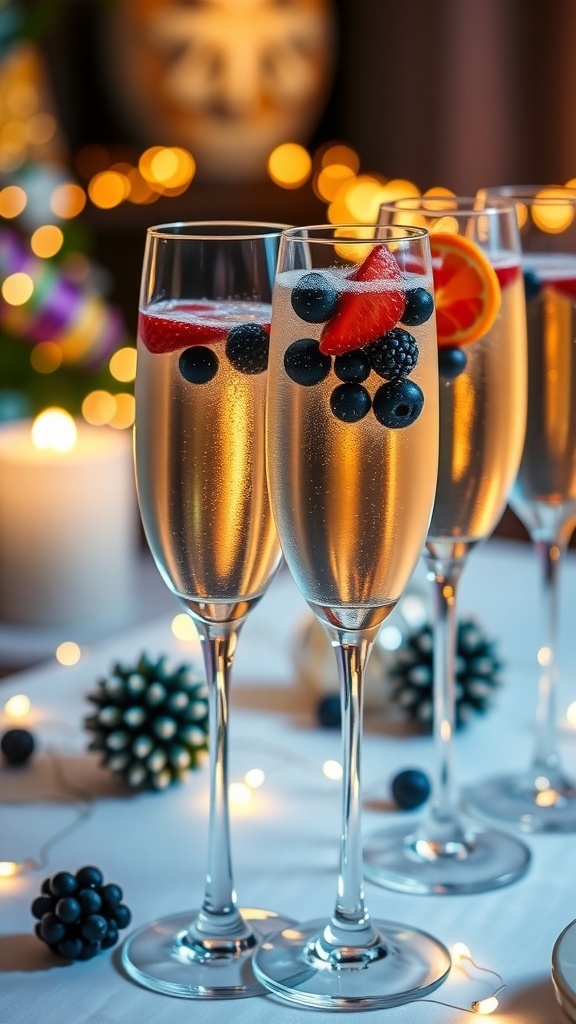 Sparkling wine toast in flutes with fruit garnishes on a festive table.